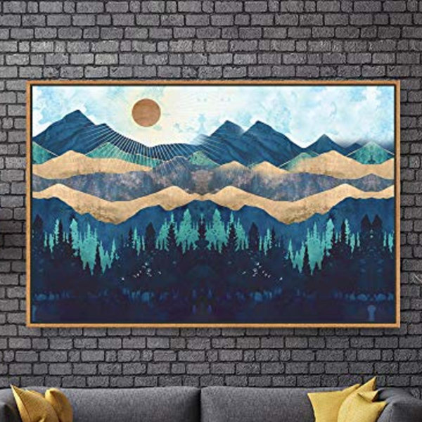 IDEA4WALL Framed Canvas Wall Art Print Blue Mountains & Forest Under